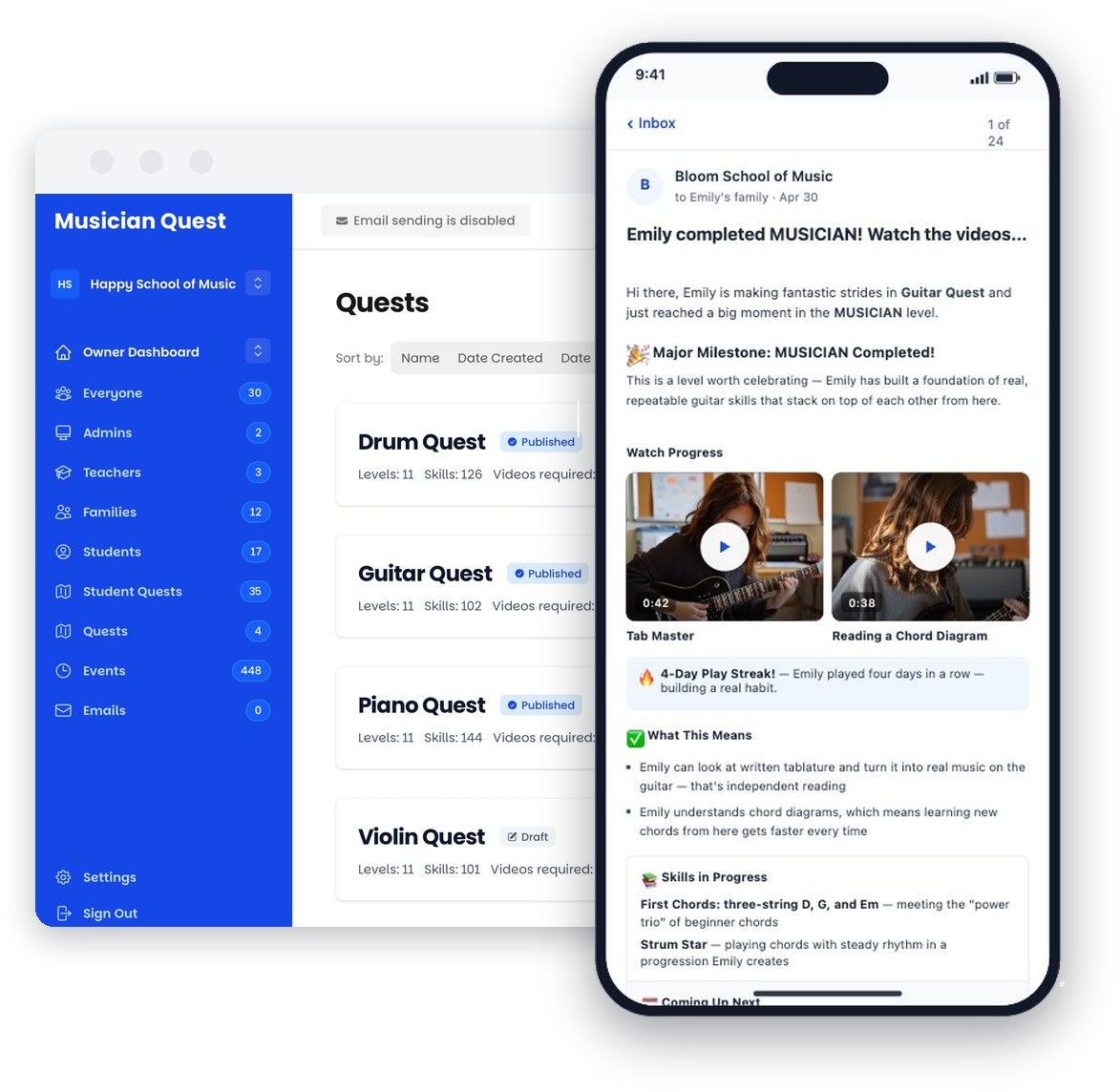 Musician Quest owner dashboard beside a phone showing a student's progress email