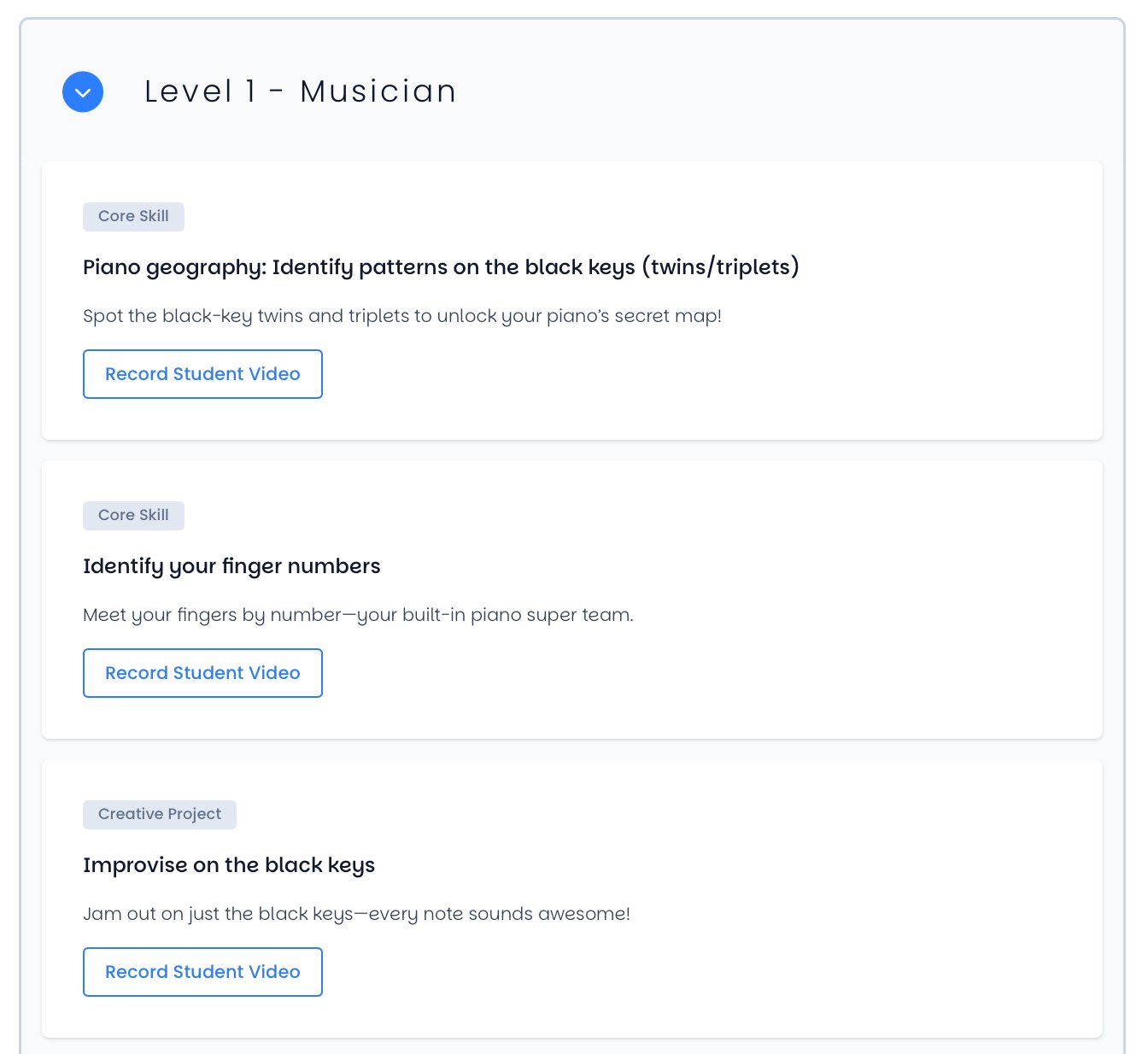 Musician Quest level expanded with three skills: Piano geography, Identify your finger numbers, and Improvise on the black keys
