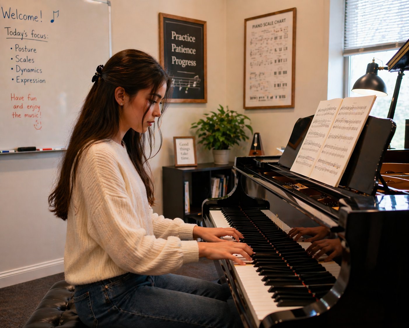 Maya practicing piano in a lesson room at Bloom School