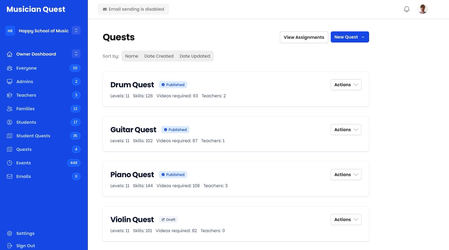 Musician Quest owner dashboard listing the studio's Drum, Guitar, Piano, and Violin Quests