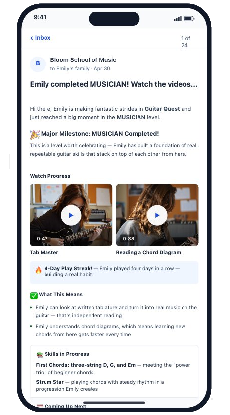 Phone showing a Musician Quest progress email - videos of Emily playing guitar, milestone celebration, and what's coming up next